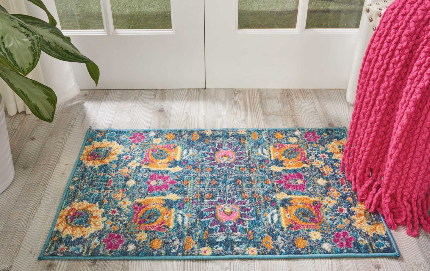 8' Blue And Orange Floral Power Loom Runner Rug
