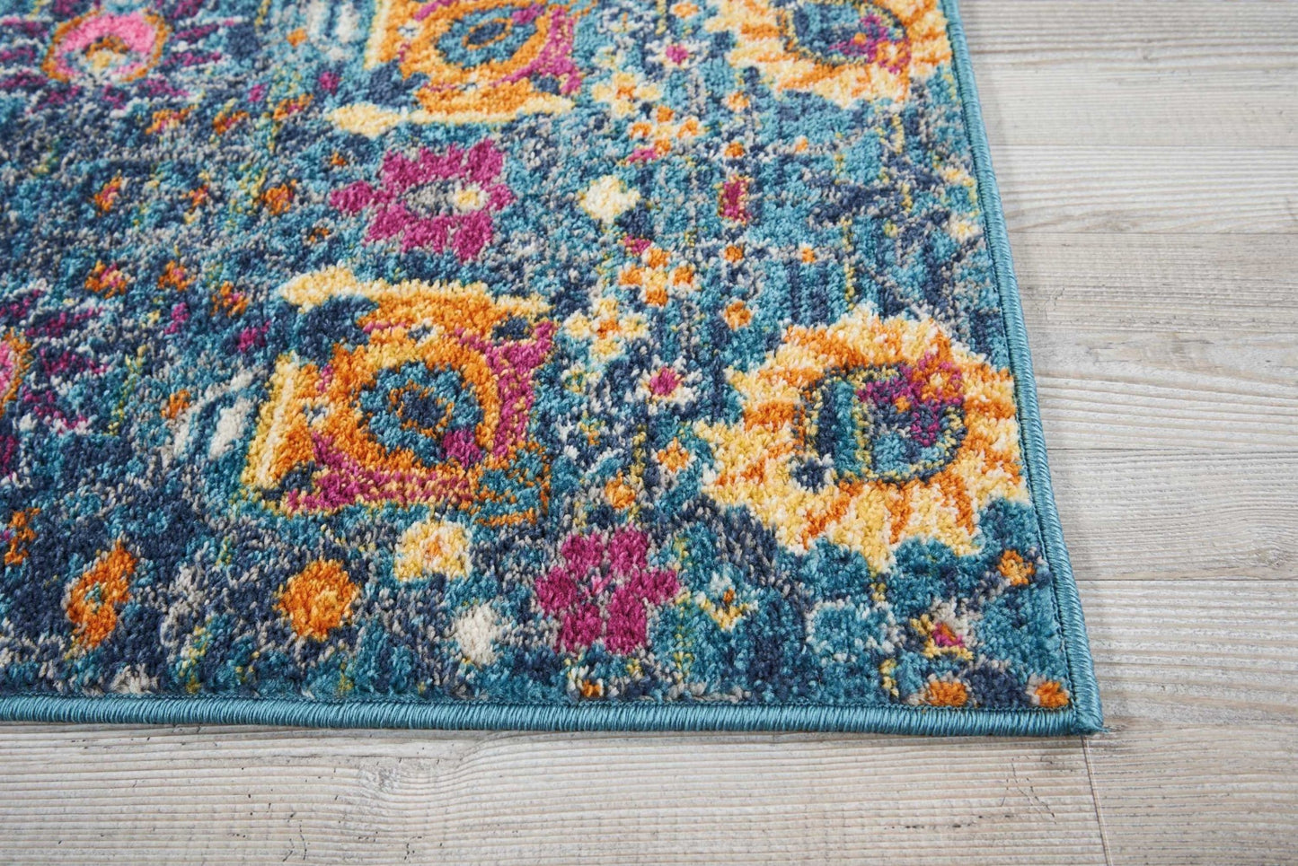 8' Blue And Orange Floral Power Loom Runner Rug