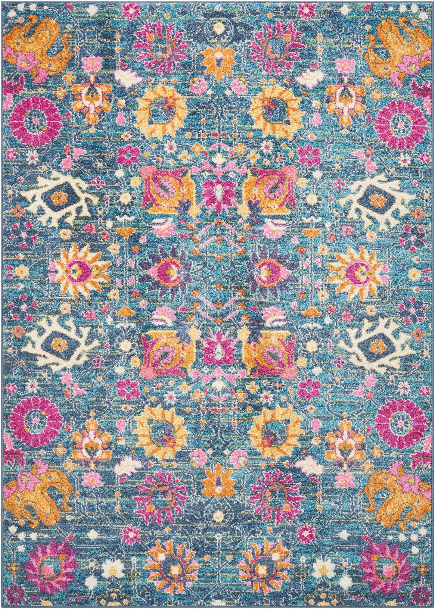 8' Blue And Orange Floral Power Loom Runner Rug