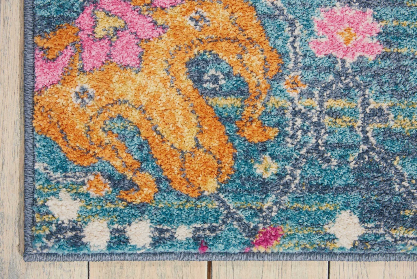 8' Blue And Orange Floral Power Loom Runner Rug