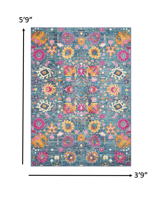 8' Blue And Orange Floral Power Loom Runner Rug