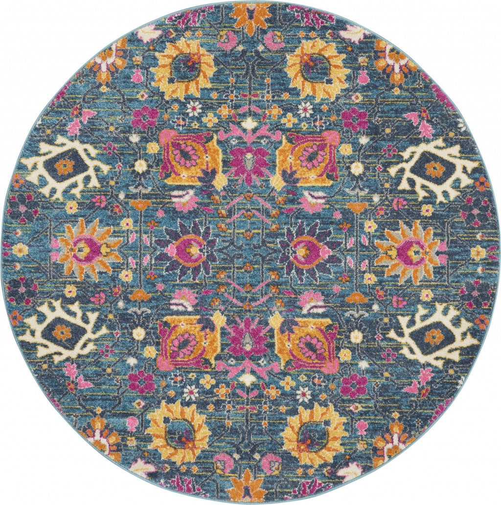 8' Blue And Orange Floral Power Loom Runner Rug