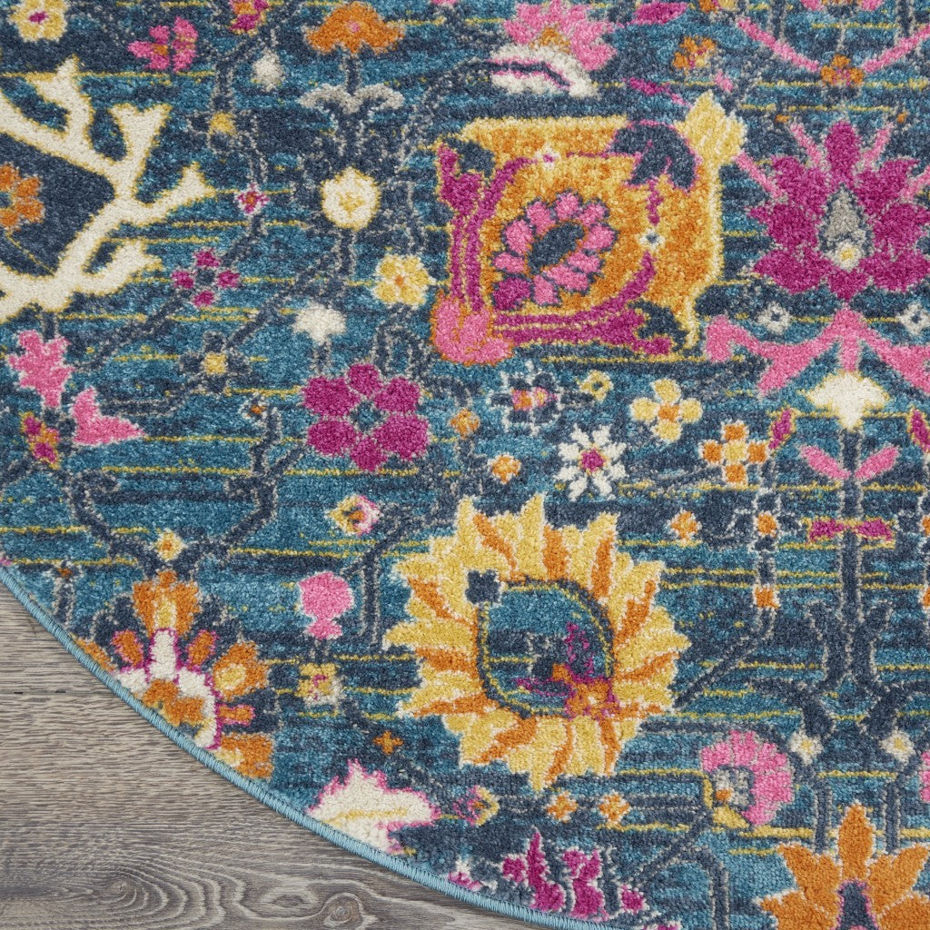 8' Blue And Orange Floral Power Loom Runner Rug