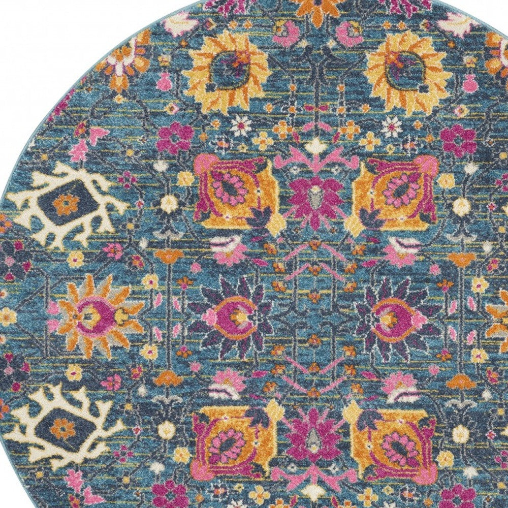 8' Blue And Orange Floral Power Loom Runner Rug