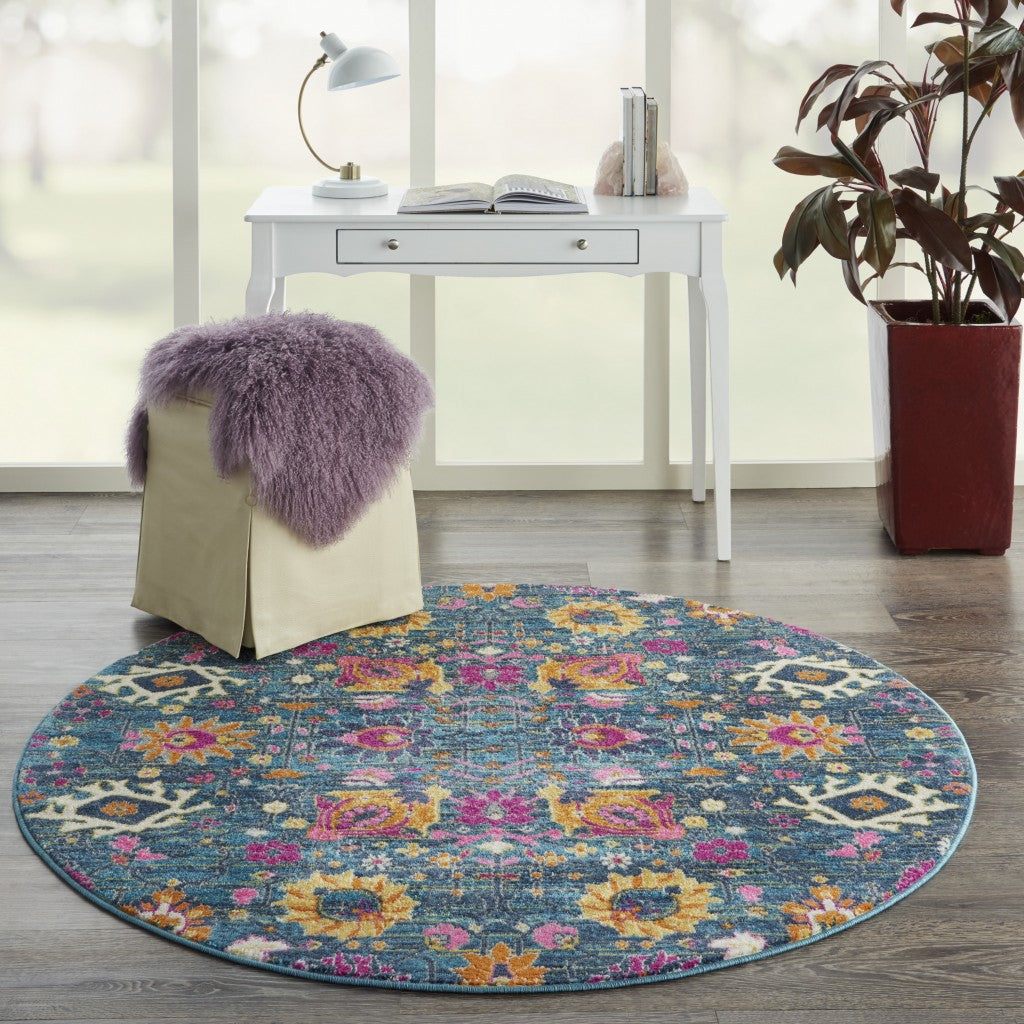 8' Blue And Orange Floral Power Loom Runner Rug