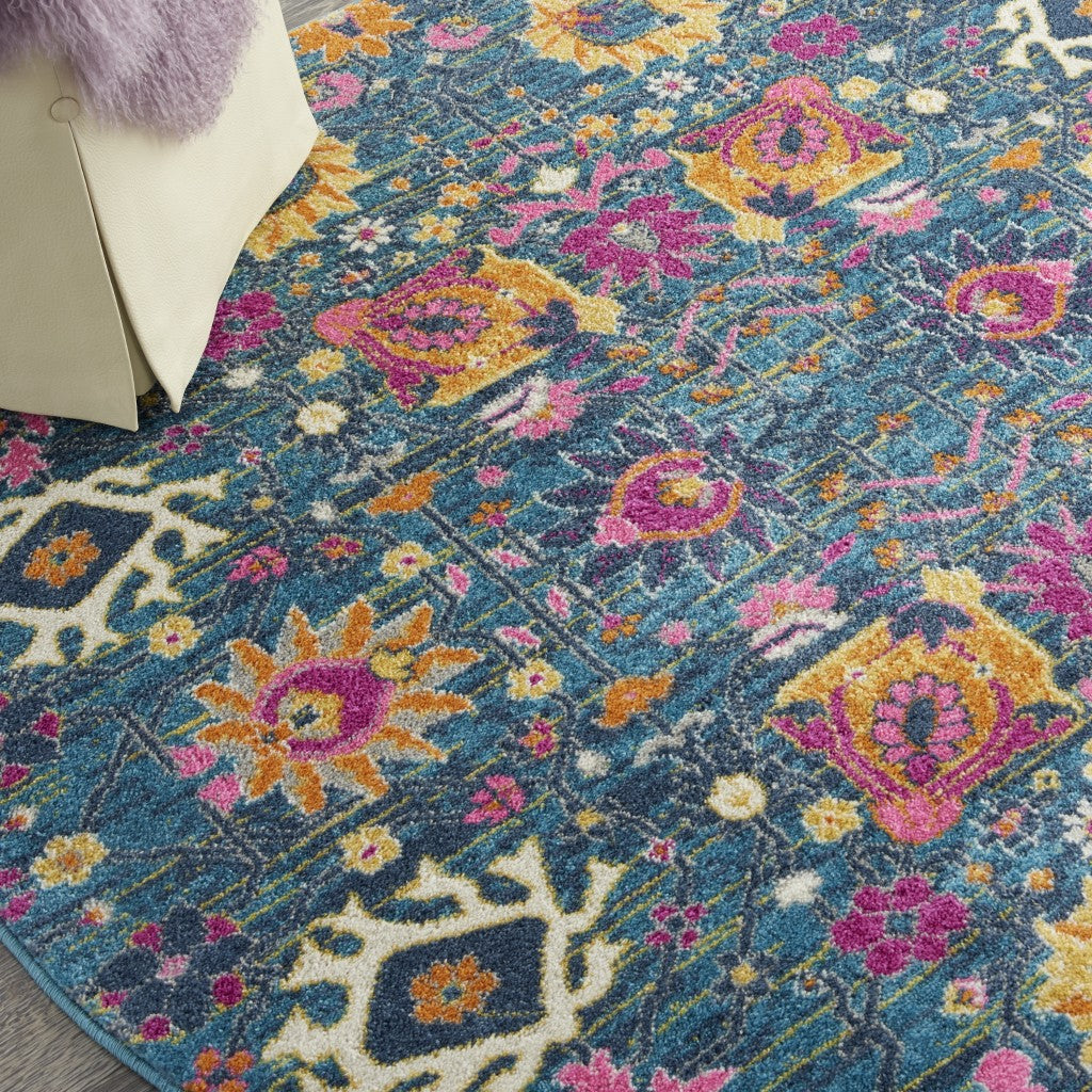 8' Blue And Orange Floral Power Loom Runner Rug