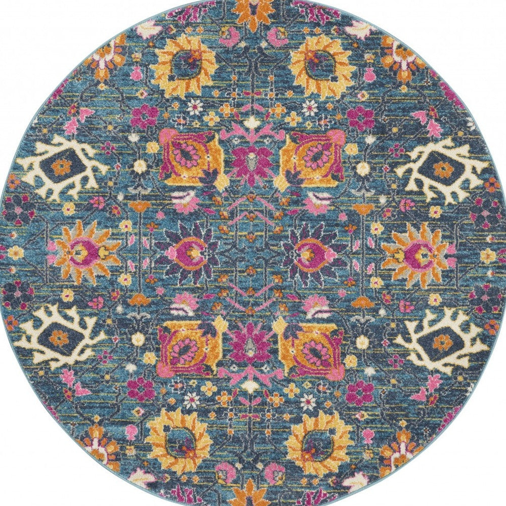 8' Blue And Orange Floral Power Loom Runner Rug