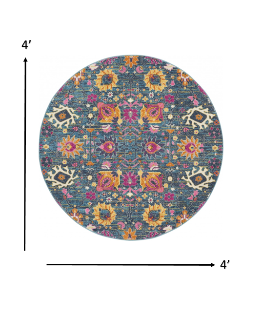 8' Blue And Orange Floral Power Loom Runner Rug