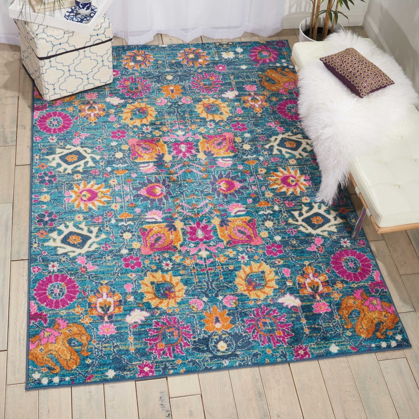 8' Blue And Orange Floral Power Loom Runner Rug