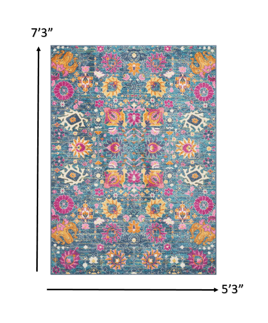 8' Blue And Orange Floral Power Loom Runner Rug