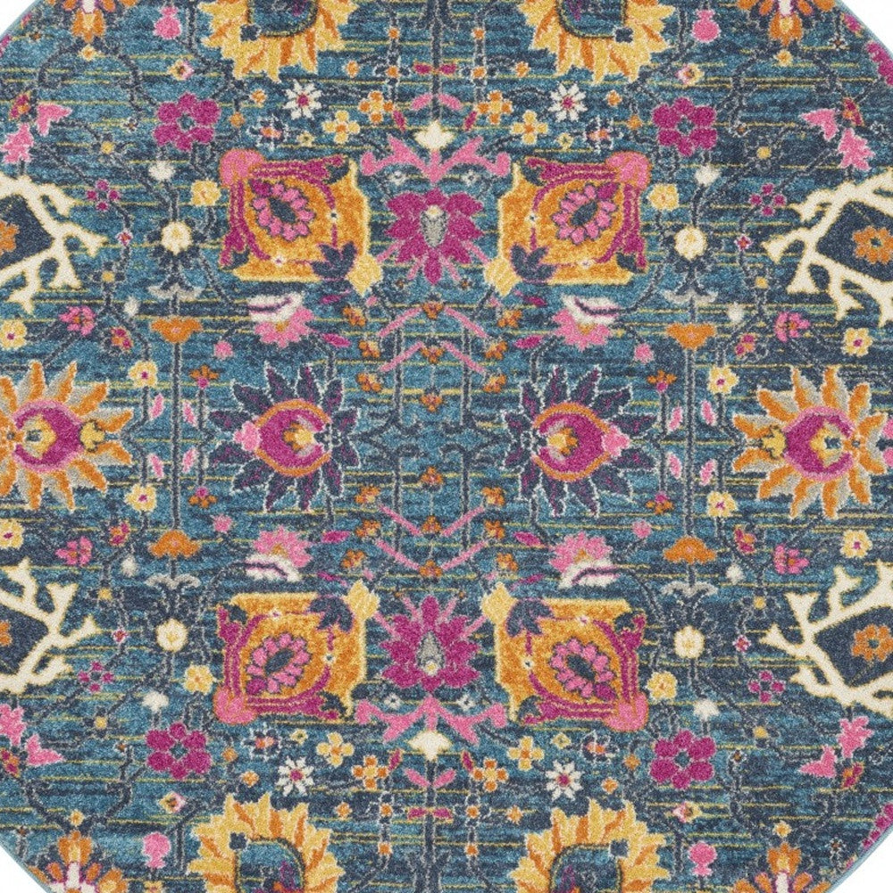8' Blue And Orange Floral Power Loom Runner Rug