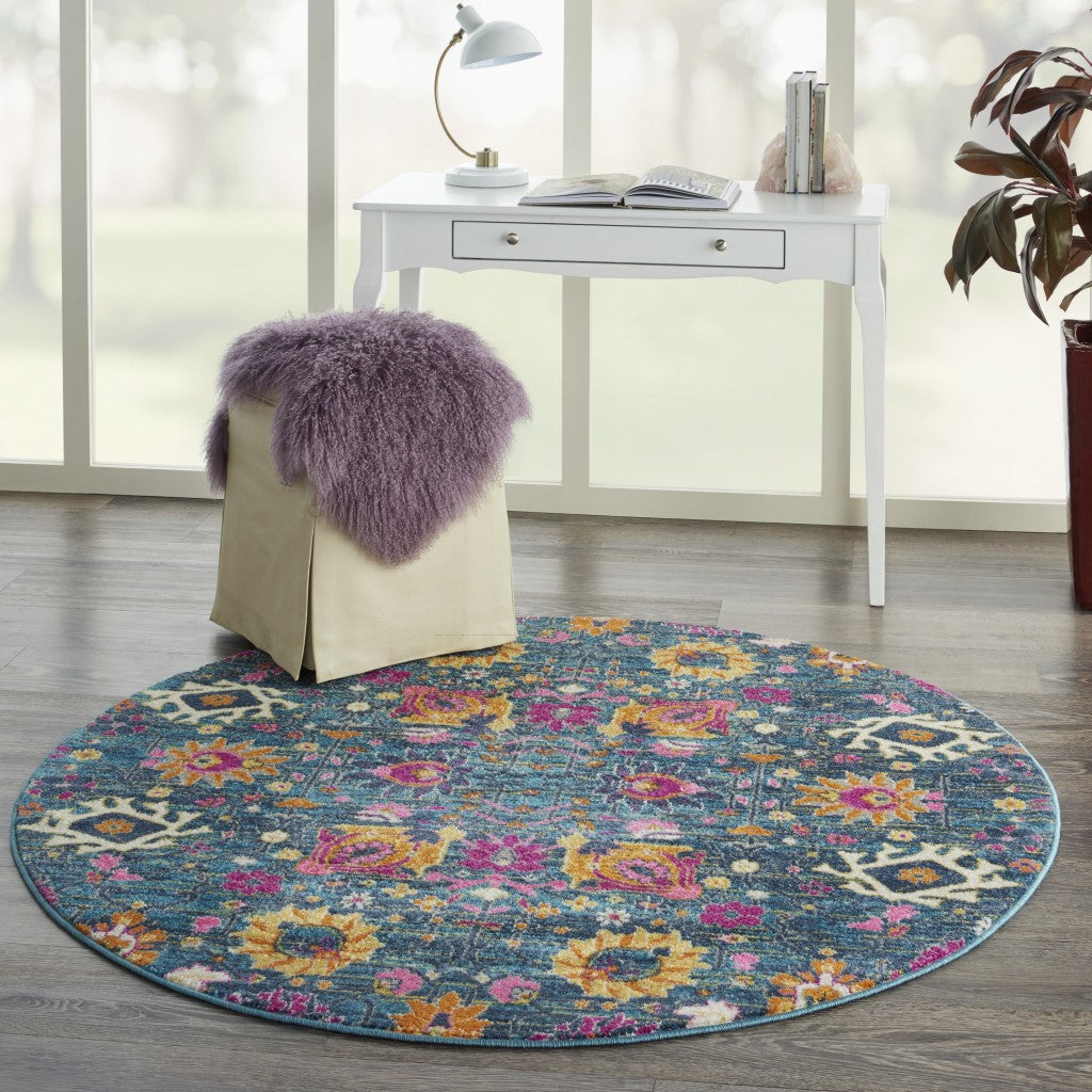 8' Blue And Orange Floral Power Loom Runner Rug