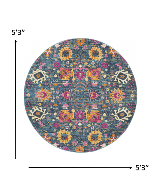 8' Blue And Orange Floral Power Loom Runner Rug