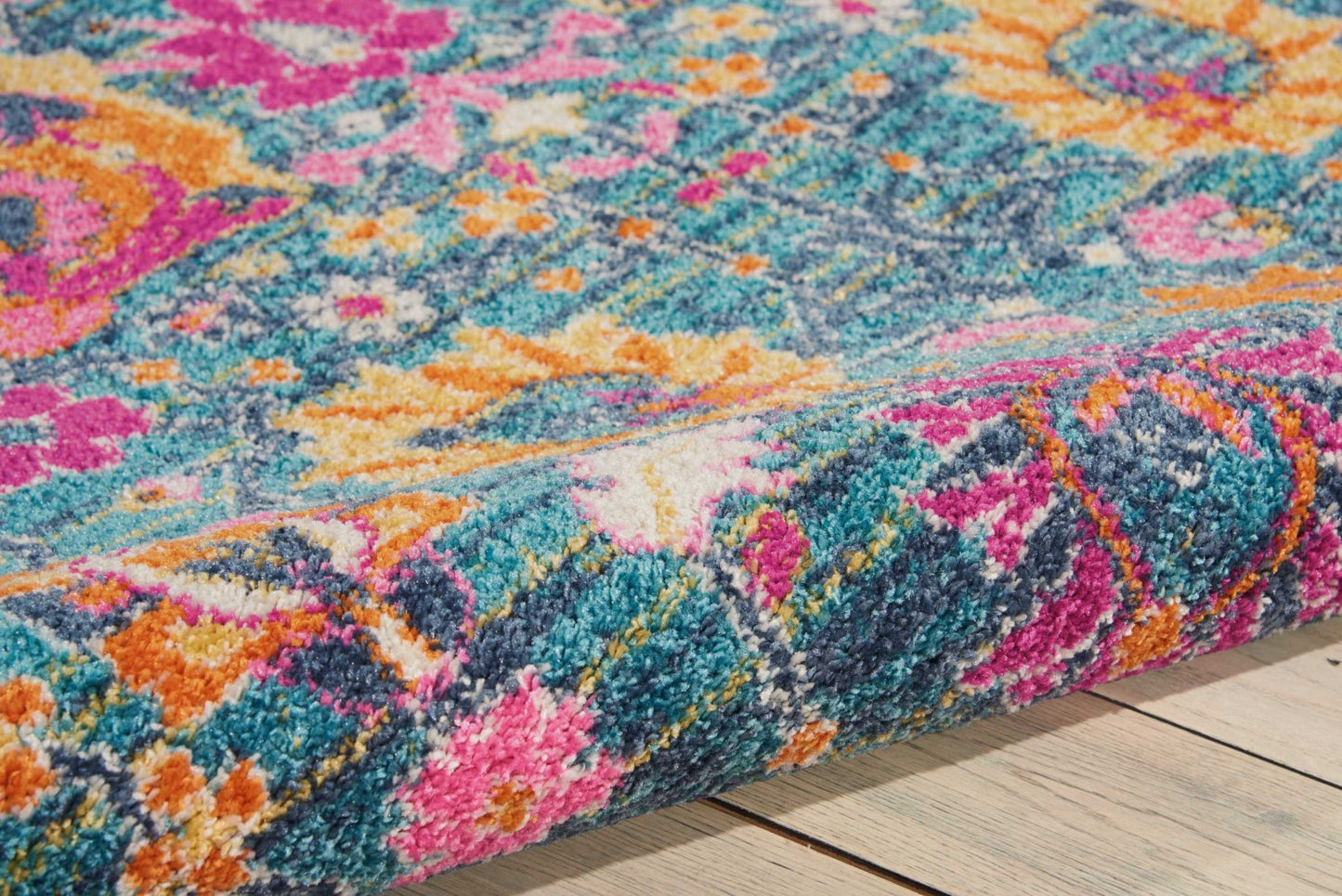 8' Blue And Orange Floral Power Loom Runner Rug