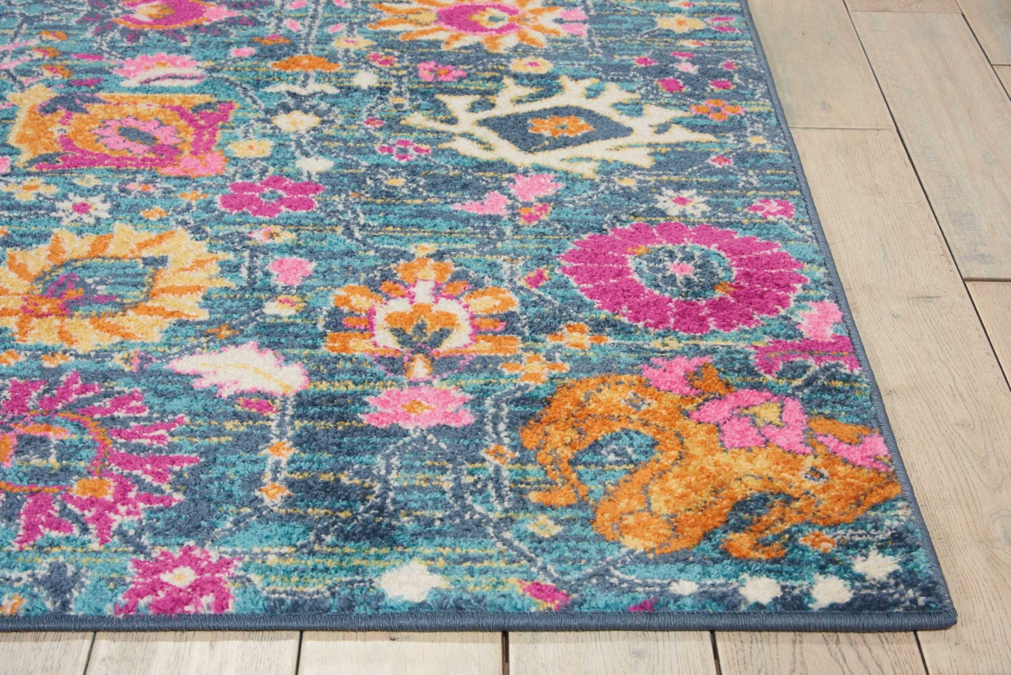 8' Blue And Orange Floral Power Loom Runner Rug