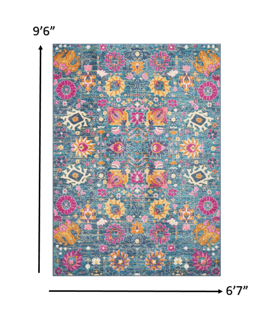 8' Blue And Orange Floral Power Loom Runner Rug