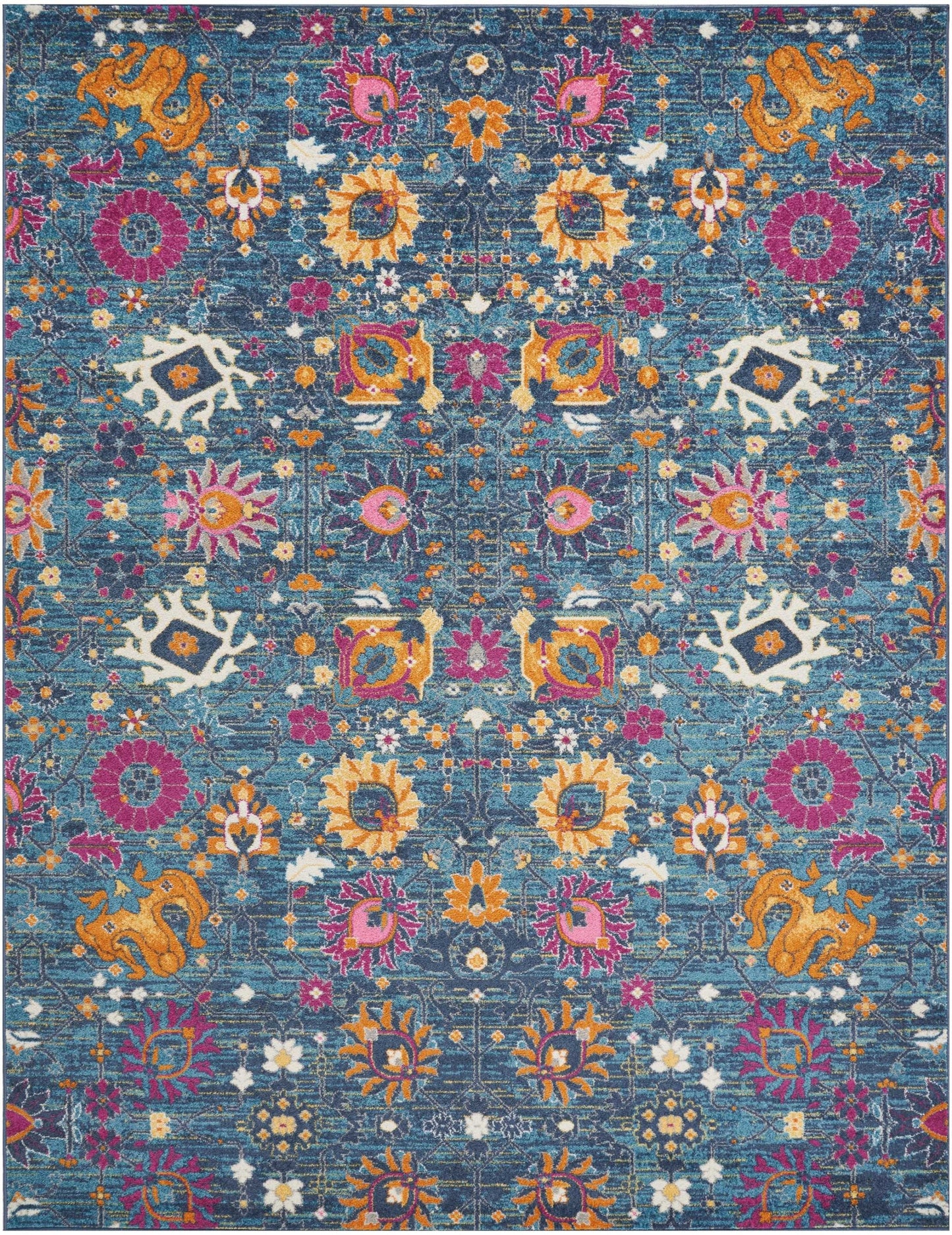 8' Blue And Orange Floral Power Loom Runner Rug