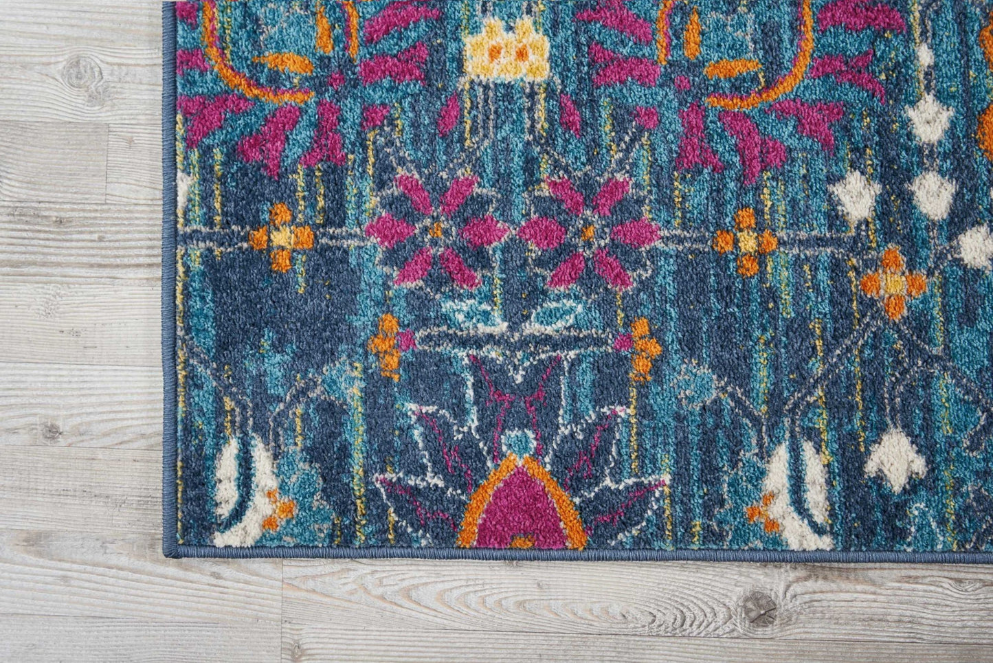 8' Blue And Orange Floral Power Loom Runner Rug