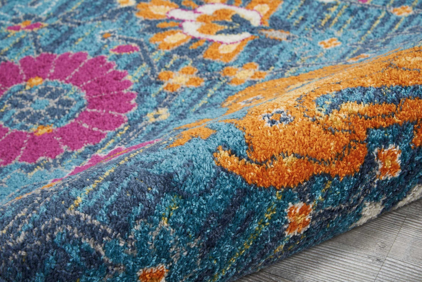 8' Blue And Orange Floral Power Loom Runner Rug