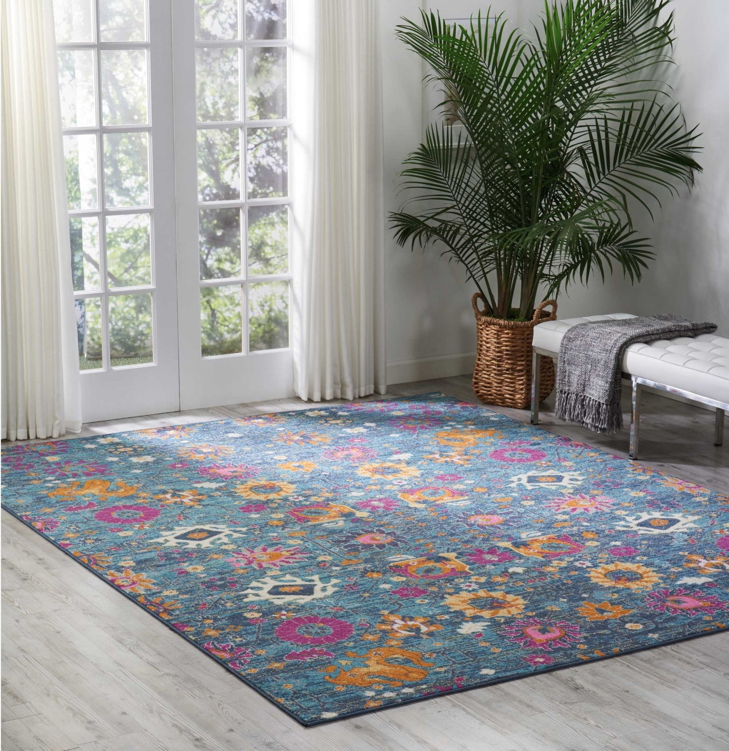 8' Blue And Orange Floral Power Loom Runner Rug