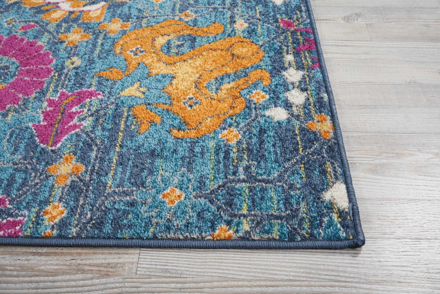 8' Blue And Orange Floral Power Loom Runner Rug