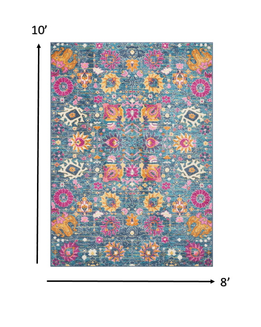 8' Blue And Orange Floral Power Loom Runner Rug