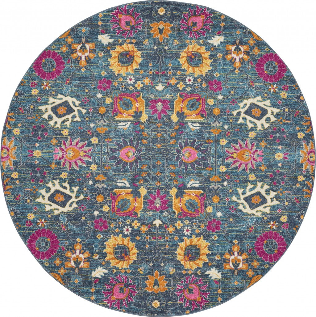 8' Blue And Orange Floral Power Loom Runner Rug