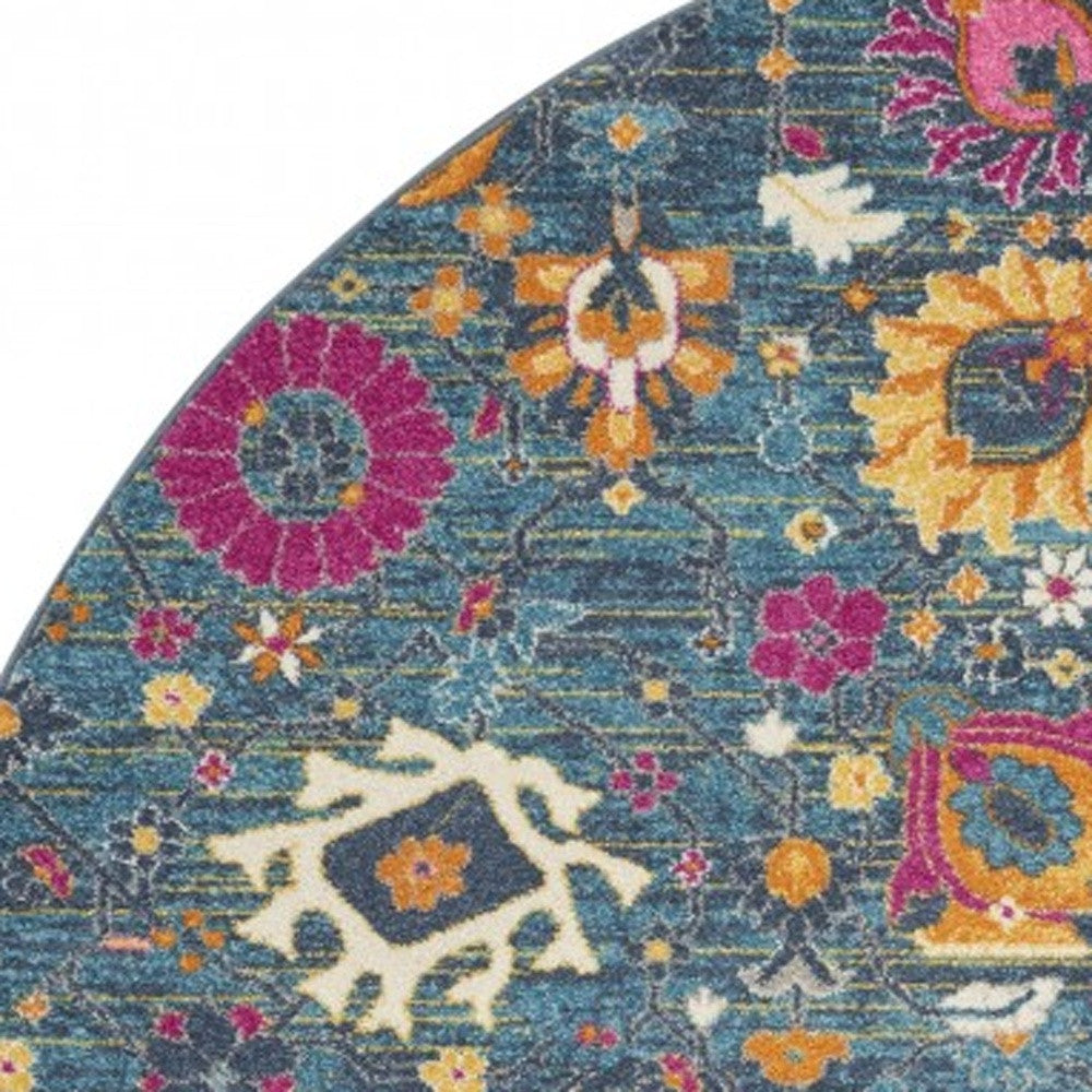 8' Blue And Orange Floral Power Loom Runner Rug