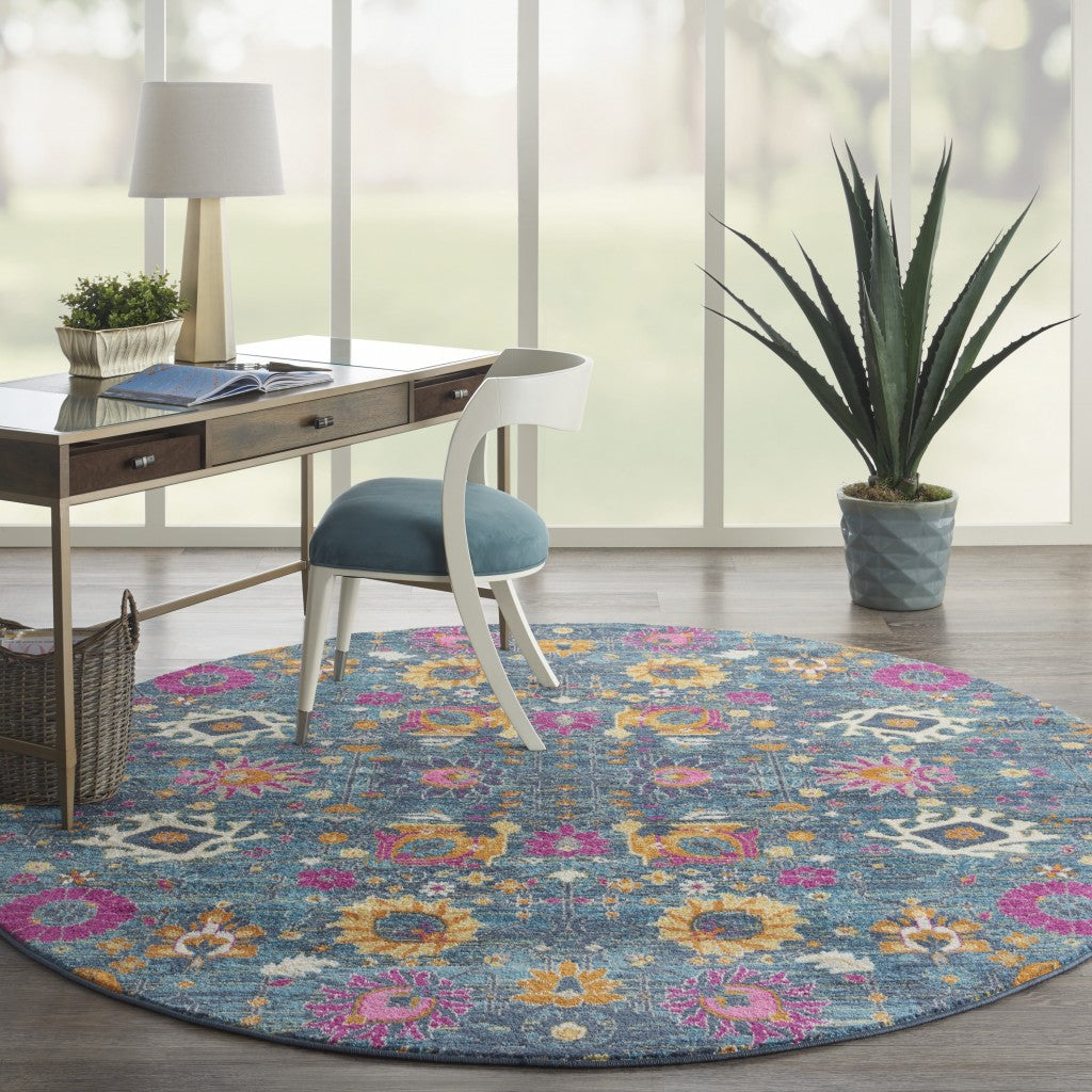 8' Blue And Orange Floral Power Loom Runner Rug