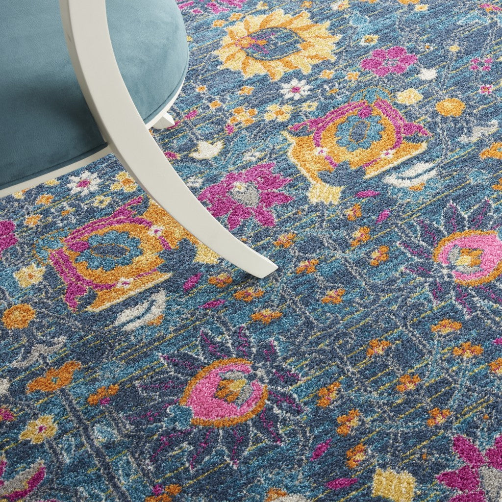 8' Blue And Orange Floral Power Loom Runner Rug