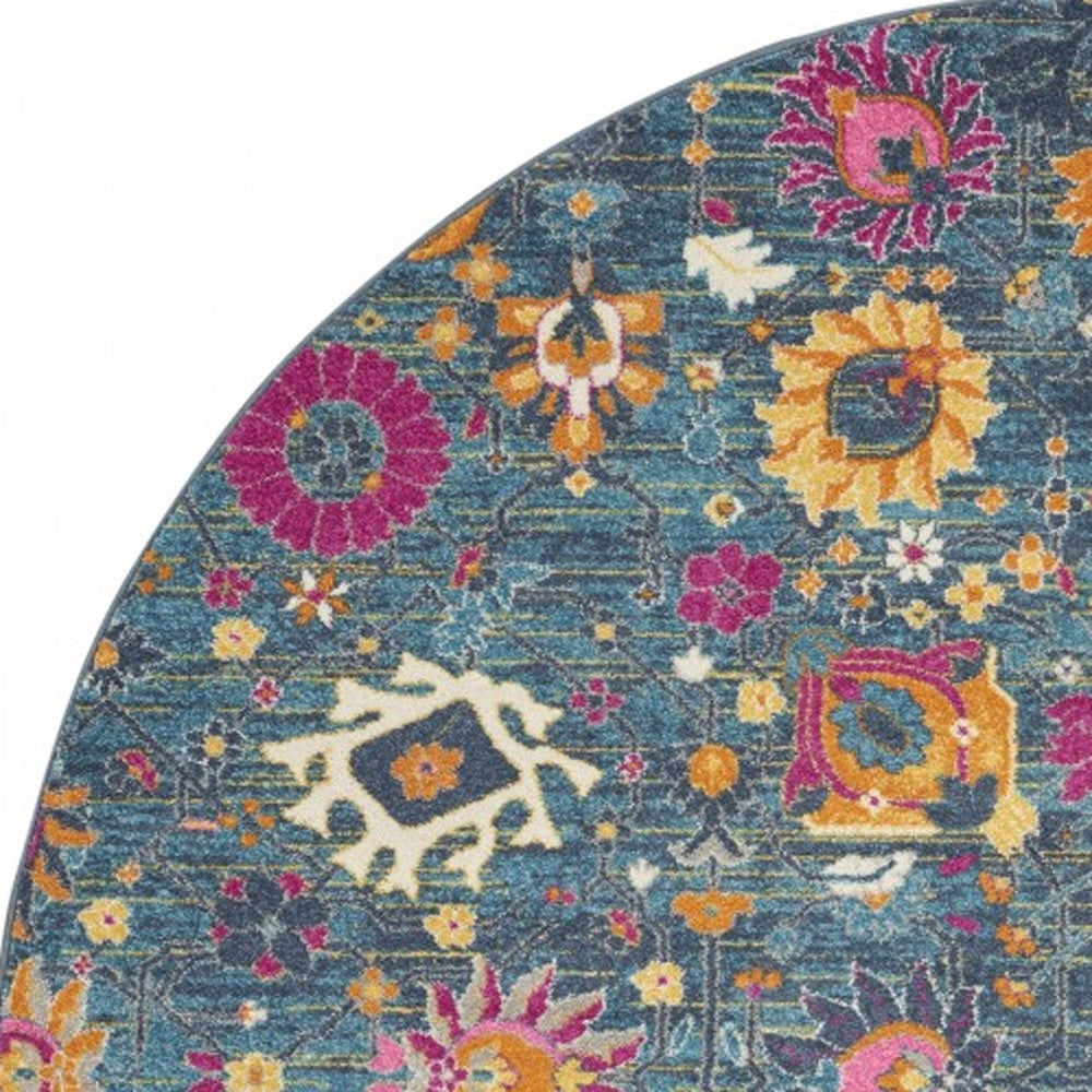 8' Blue And Orange Floral Power Loom Runner Rug