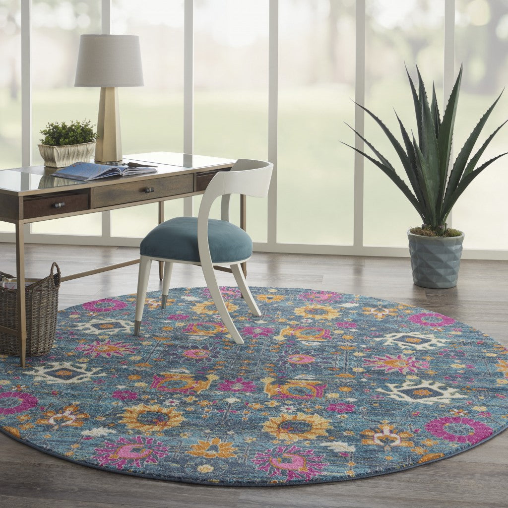 8' Blue And Orange Floral Power Loom Runner Rug