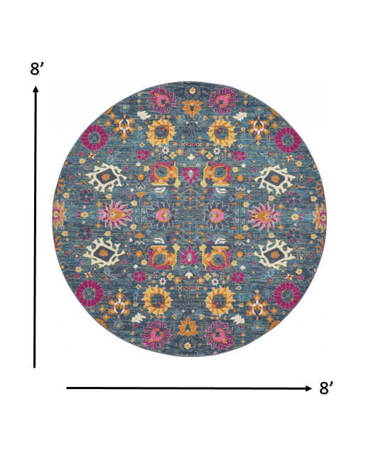 8' Blue And Orange Floral Power Loom Runner Rug