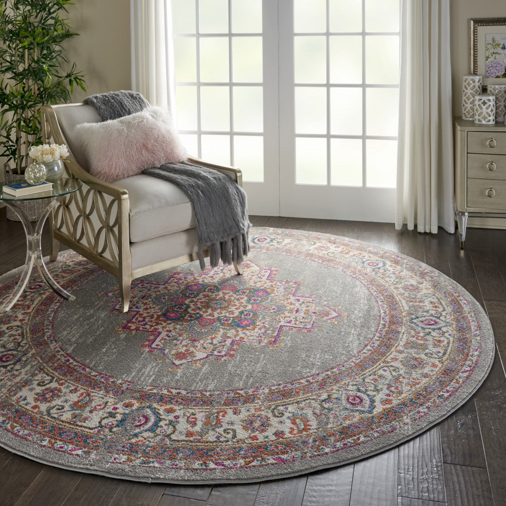5' Gray Round Power Loom Area Rug