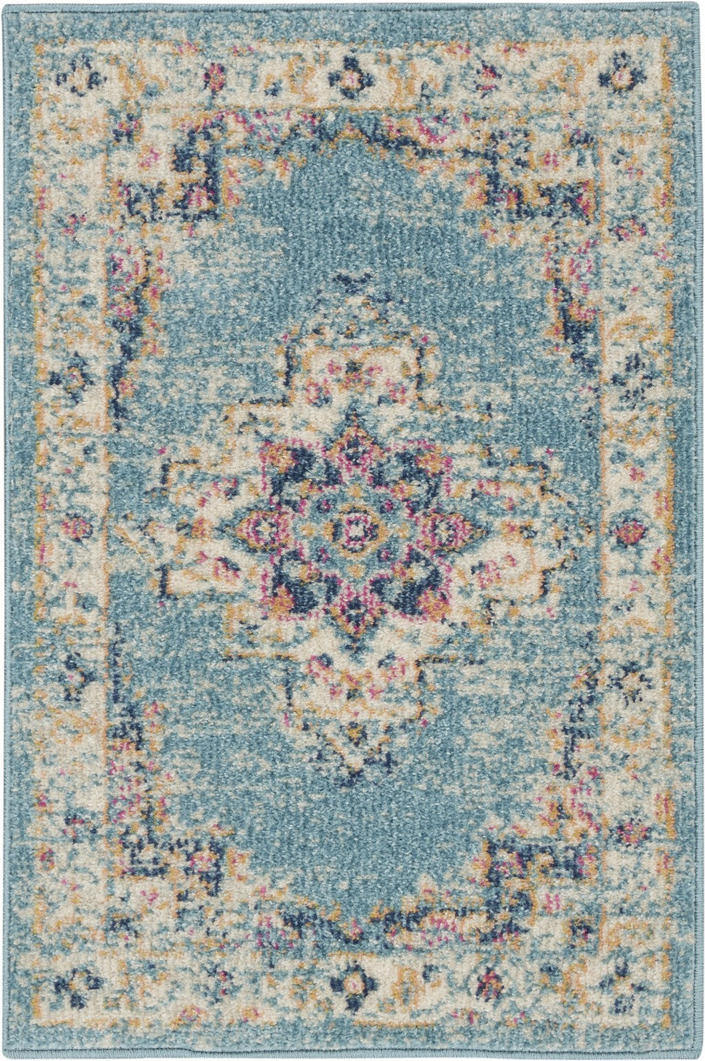 4' Light Blue Round Southwestern Power Loom Area Rug