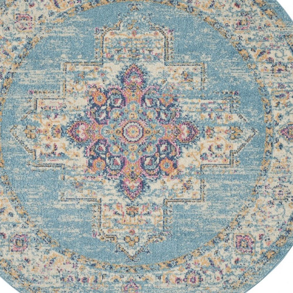 4' Light Blue Round Southwestern Power Loom Area Rug