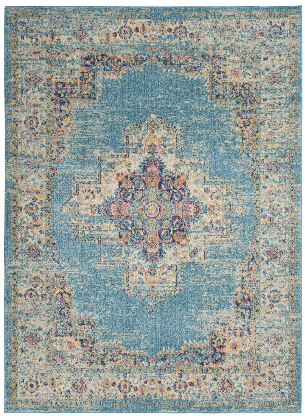 4' Light Blue Round Southwestern Power Loom Area Rug