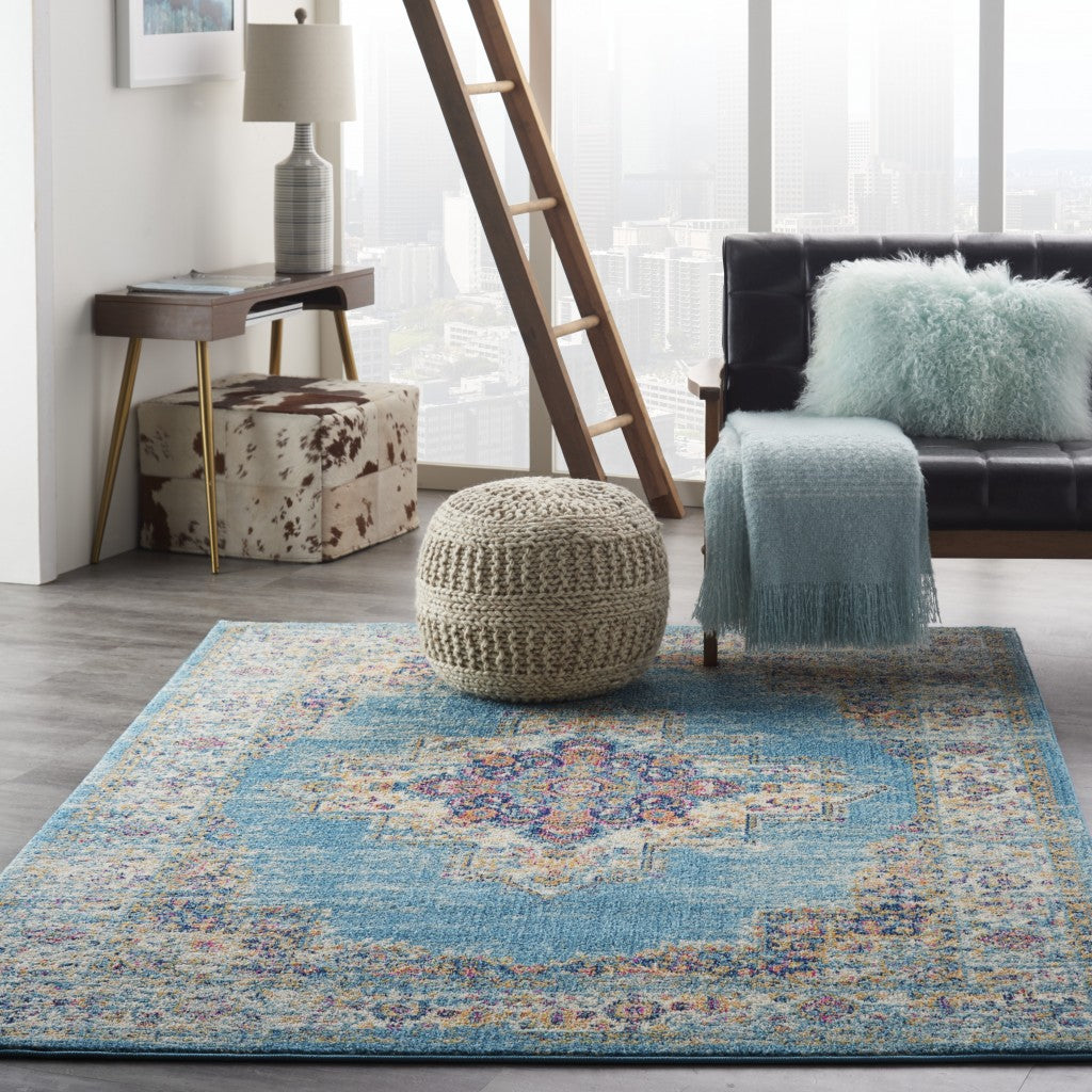 4' Light Blue Round Southwestern Power Loom Area Rug