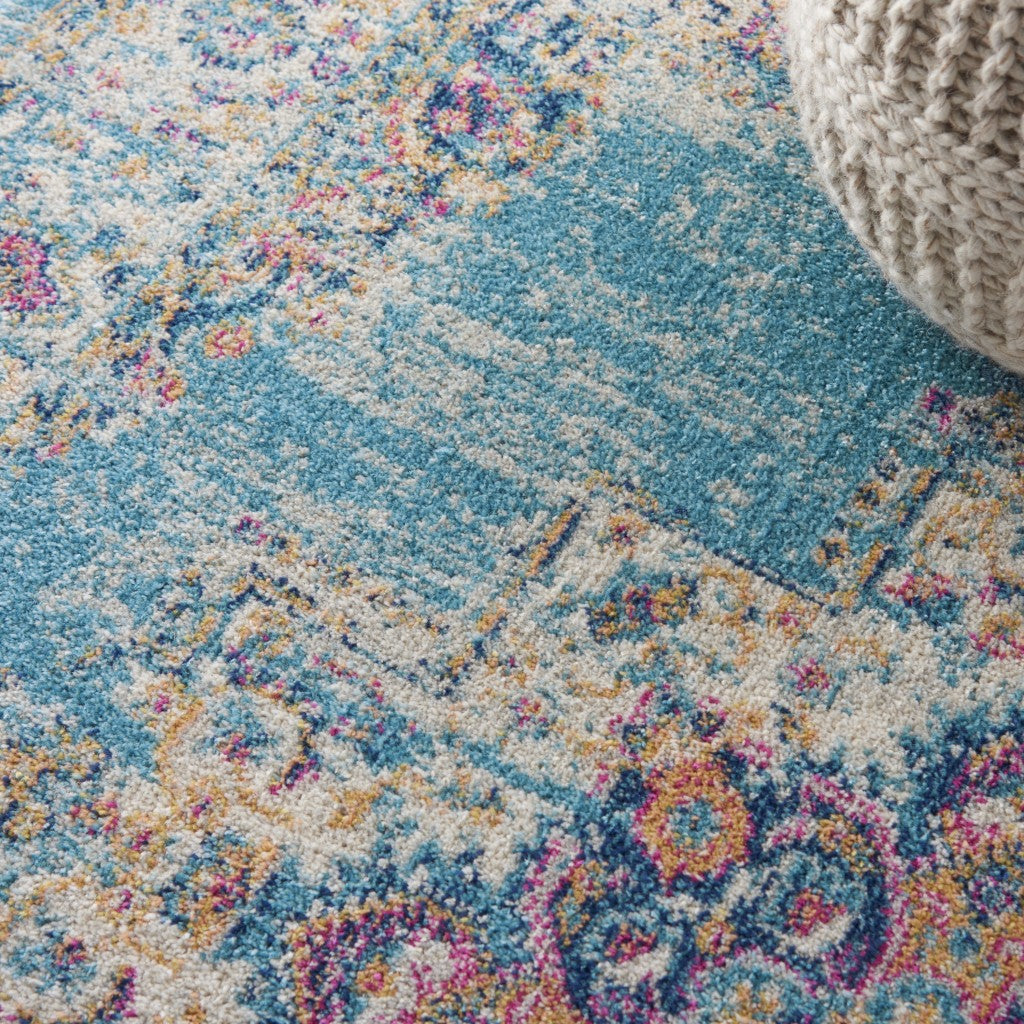 4' Light Blue Round Southwestern Power Loom Area Rug