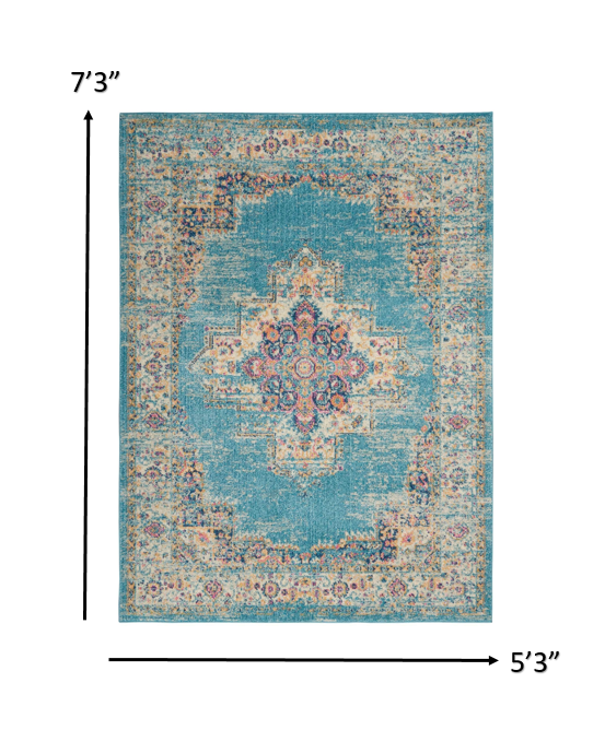 4' Light Blue Round Southwestern Power Loom Area Rug