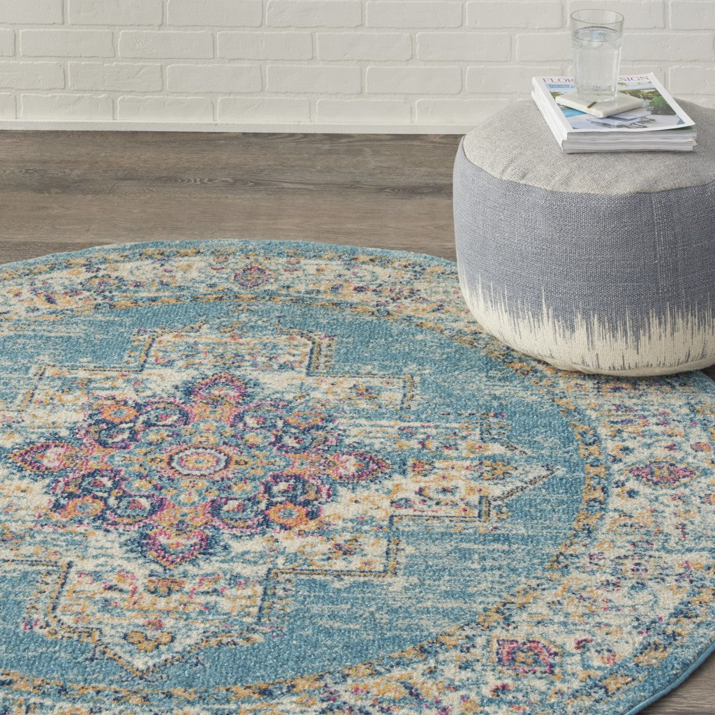 4' Light Blue Round Southwestern Power Loom Area Rug