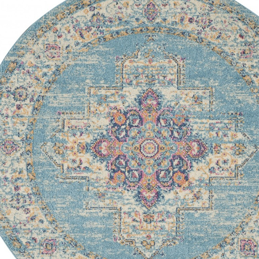 4' Light Blue Round Southwestern Power Loom Area Rug