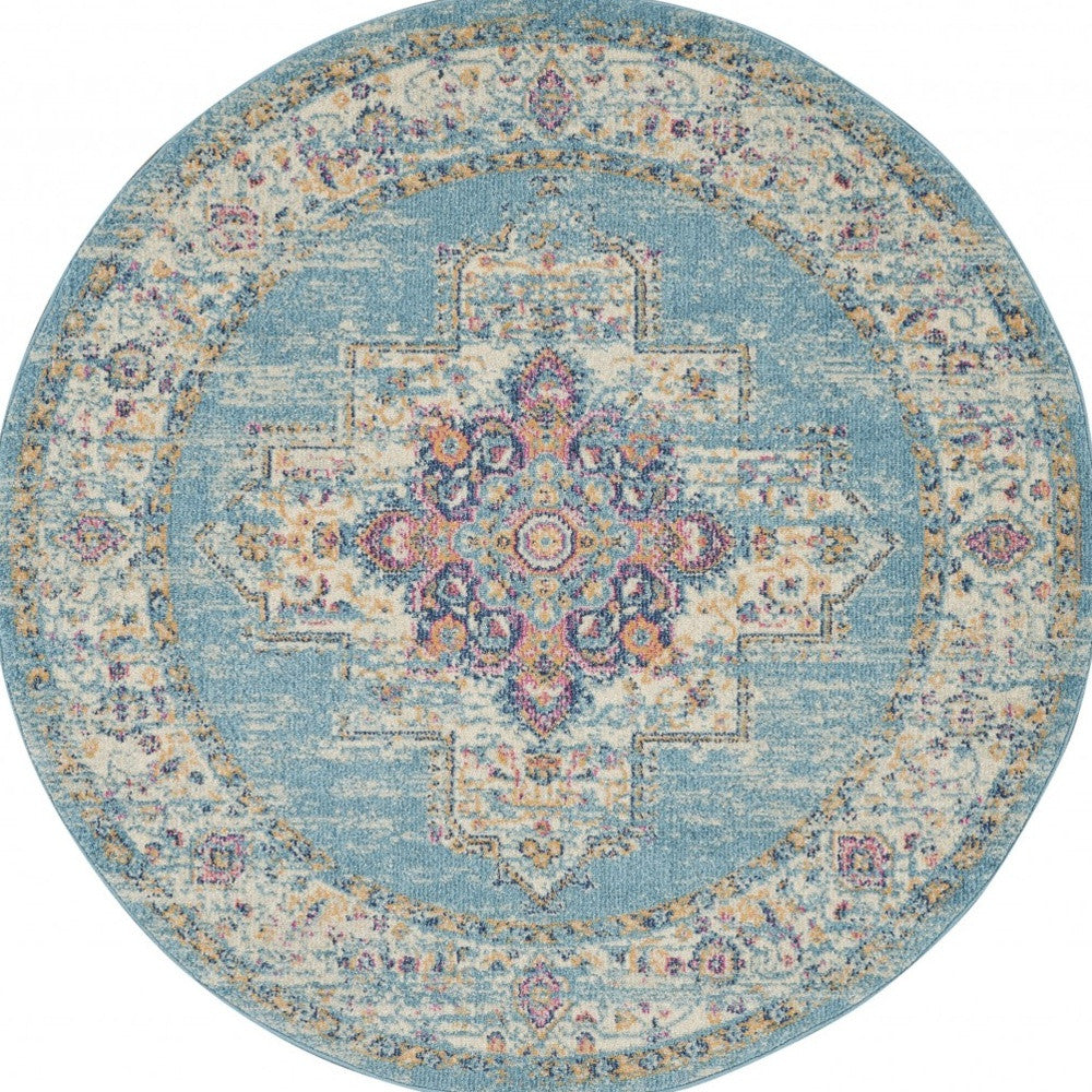4' Light Blue Round Southwestern Power Loom Area Rug