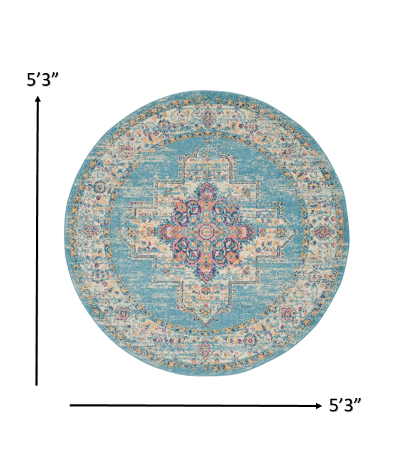 4' Light Blue Round Southwestern Power Loom Area Rug