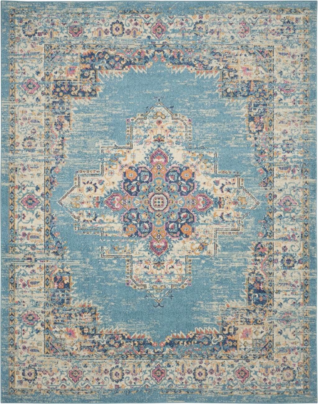 4' Light Blue Round Southwestern Power Loom Area Rug