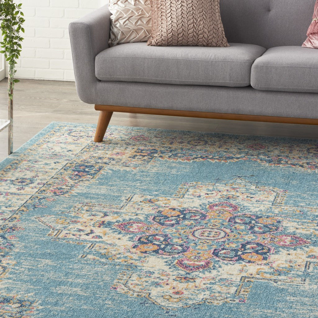 4' Light Blue Round Southwestern Power Loom Area Rug