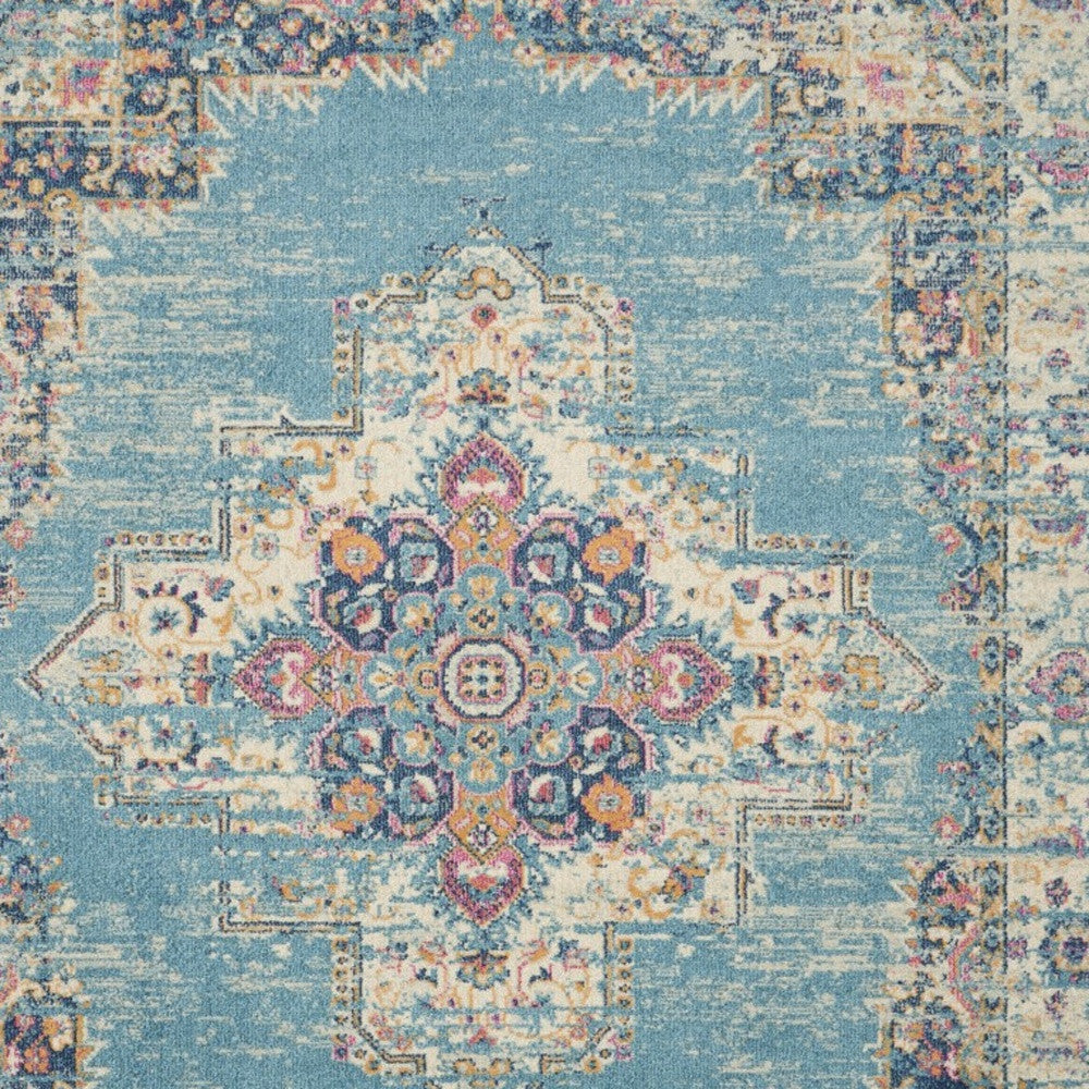4' Light Blue Round Southwestern Power Loom Area Rug