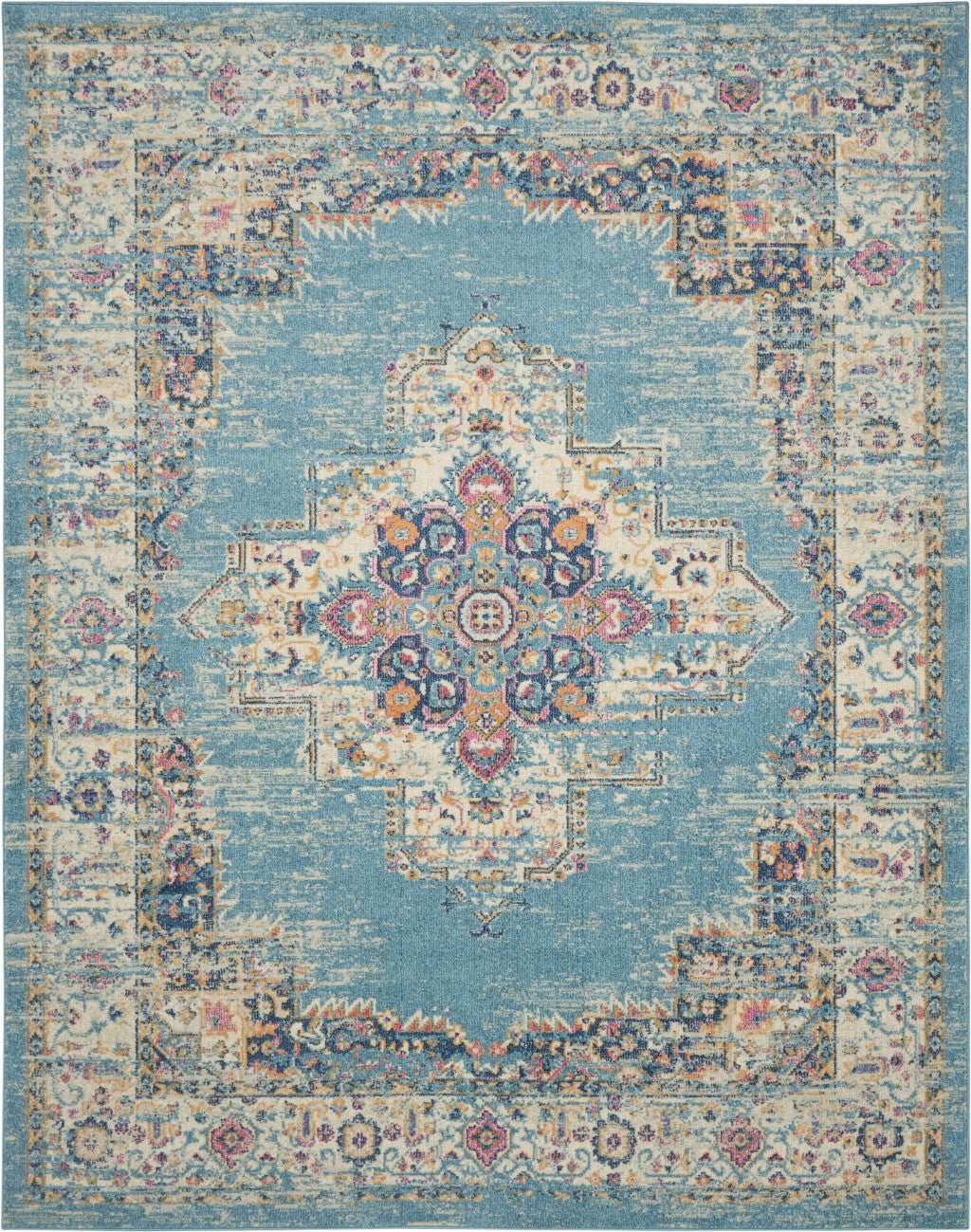 4' Light Blue Round Southwestern Power Loom Area Rug
