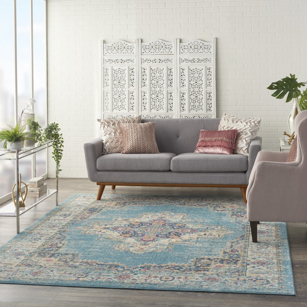 4' Light Blue Round Southwestern Power Loom Area Rug