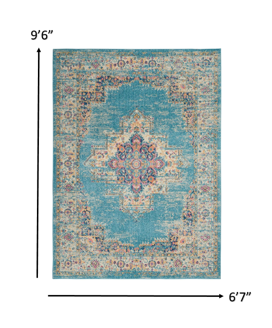 4' Light Blue Round Southwestern Power Loom Area Rug